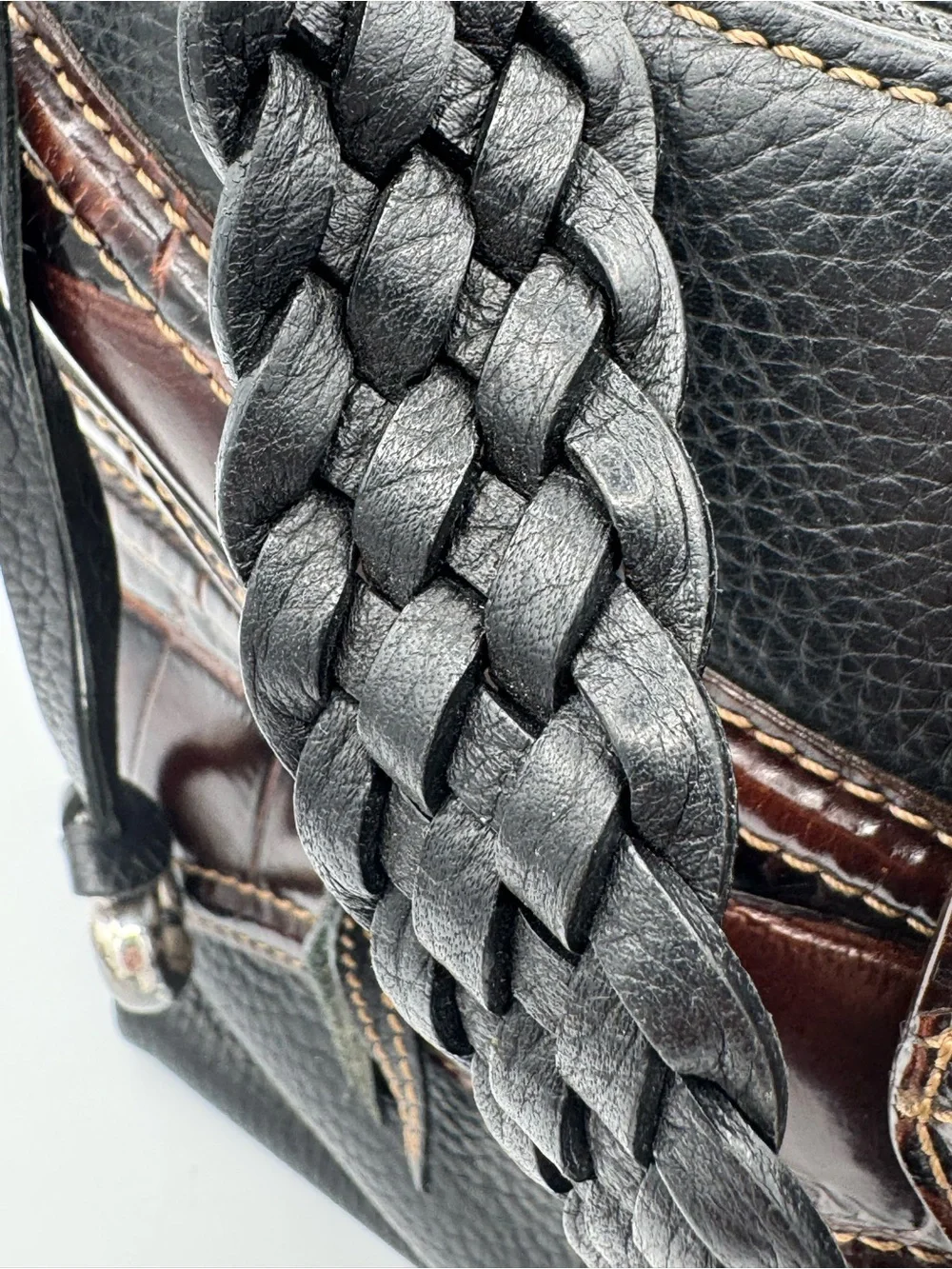 Brighton Vintage Black Leather Croc Embossed Metal Scrollwork Hobo Shoulder Bag